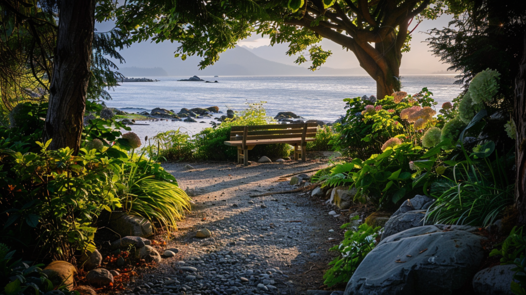 Trail to ocean with bench Pacific Coast Cremation